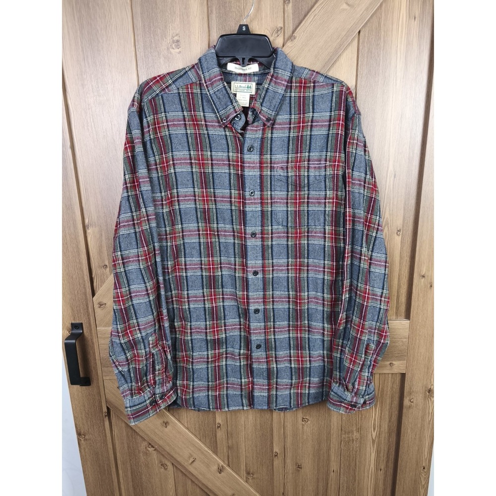 LL Bean Chamois Cloth Flannel Shirt Mens Large Grey Red Plaid Traditional Fit